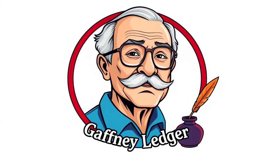 Cartoon portrait logo of Gaffney Ledger with quill and ink pot.