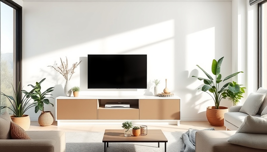 Modern TV lift cabinet with decor in living room background.