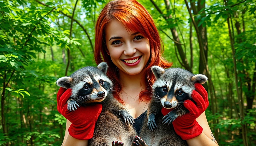 Woman smiling with baby raccoons, wildlife management in the Upstate.