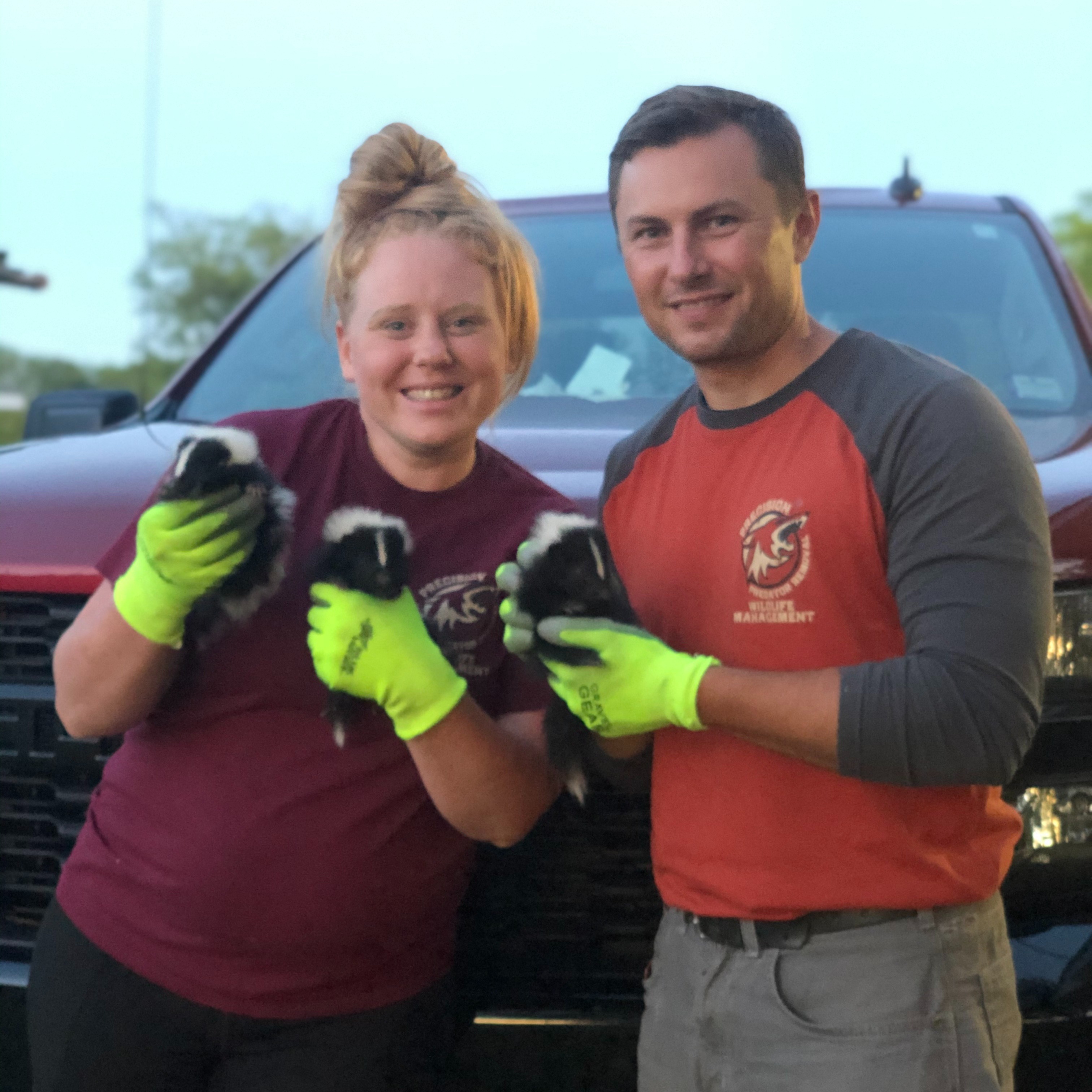 Woman smiling with baby raccoons, wildlife management in the Upstate.
