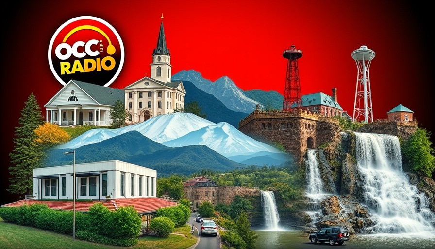 Oconee landmarks collage with radio logo on vibrant background.