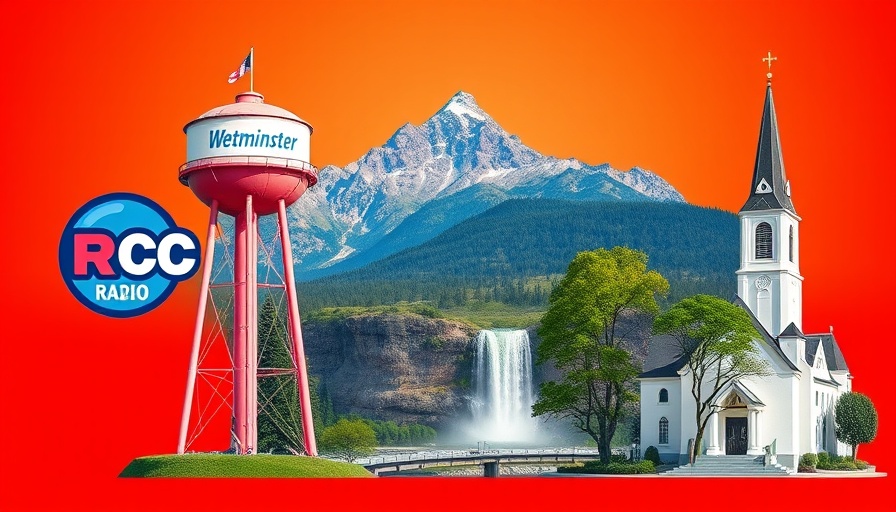 Collage featuring local landmarks with a radio station logo and red background.