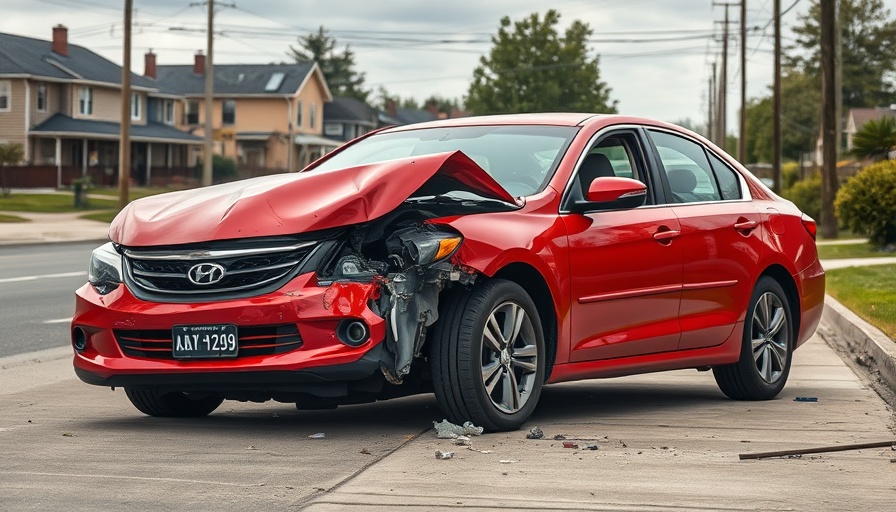 Damaged red car in traffic accident downtown Seneca.