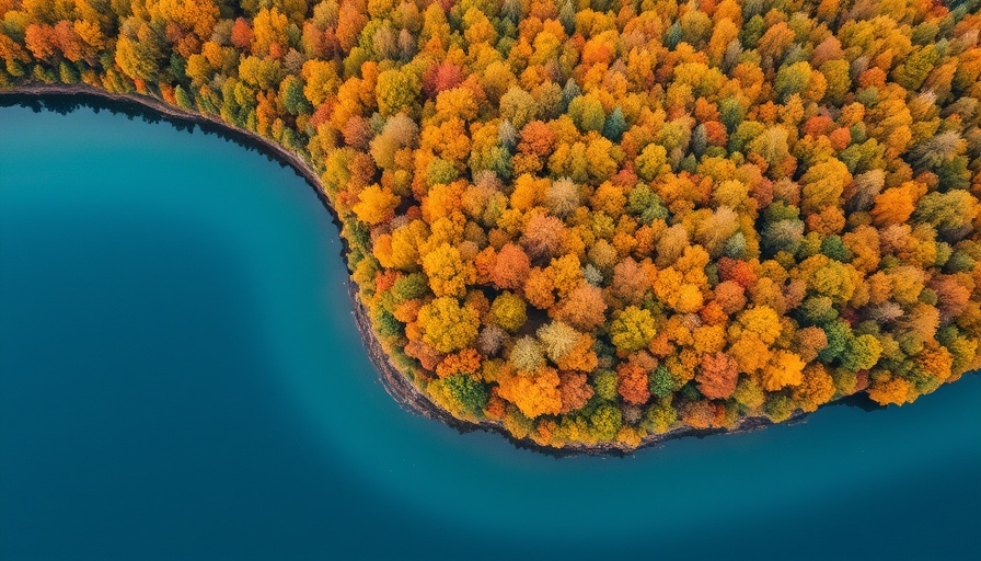 Aerial view of lake and colorful autumn forest.