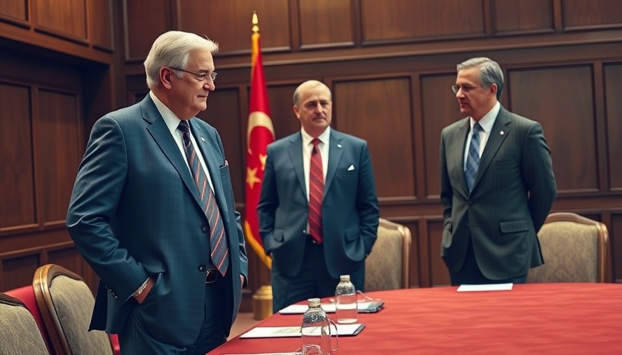 Three men in business attire discussing at a meeting table.