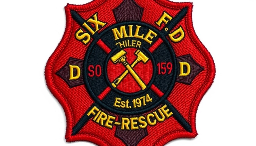 Six Mile Fire Department embroidered patch design.