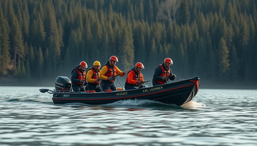 Rescue team on a lake with forest backdrop, reflecting water surface.