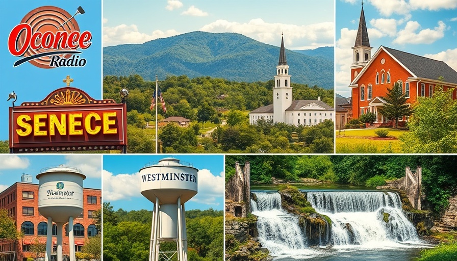 Collage of Oconee landmarks with radio logo, church, and waterfall.