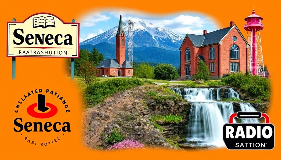 Seneca landmarks collage with 101.7 FM station logo.