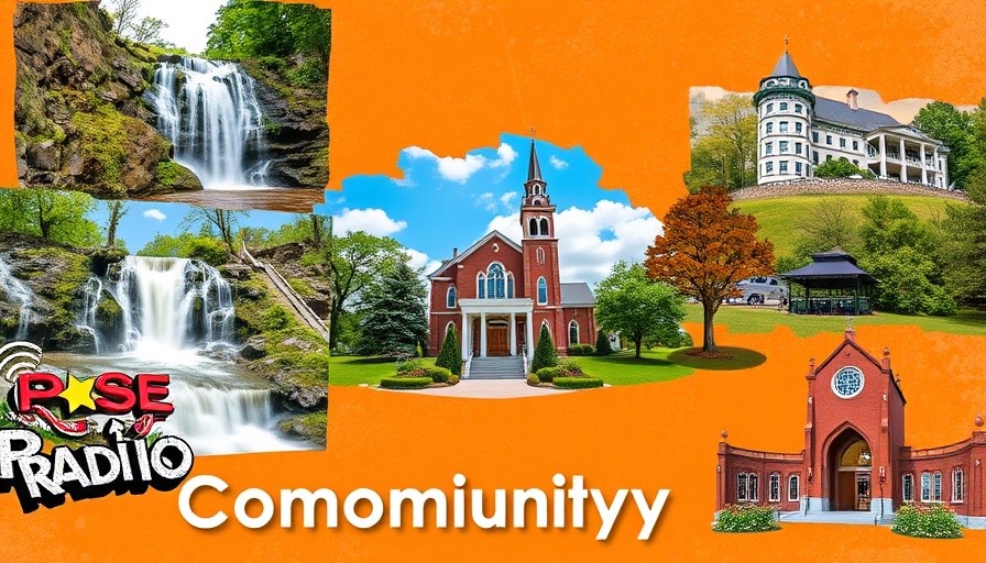 Collage of Oconee County landmarks including waterfall and 101.7 FM logo.