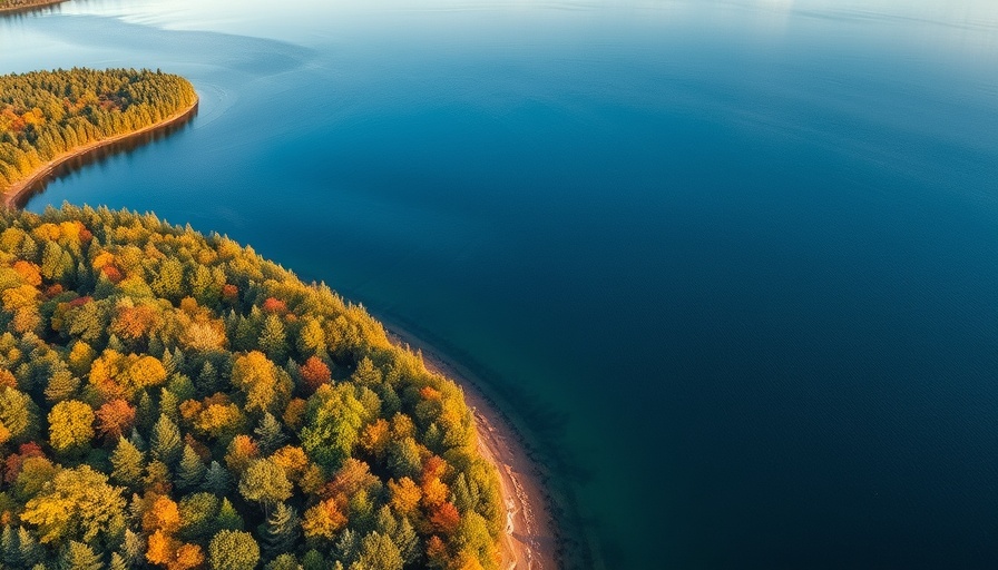 Aerial view of colorful trees by a lake, representing tranquility.