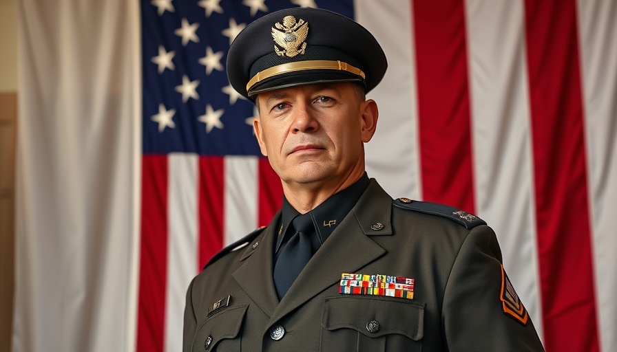 Detective Mark Garrett motorcycle crash, serious officer portrait with flag.