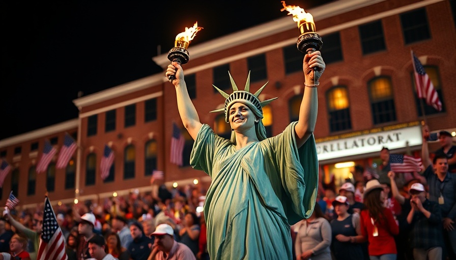 Festive crowd with person dressed as Statue of Liberty at night event, related to fentanyl induced homicide.