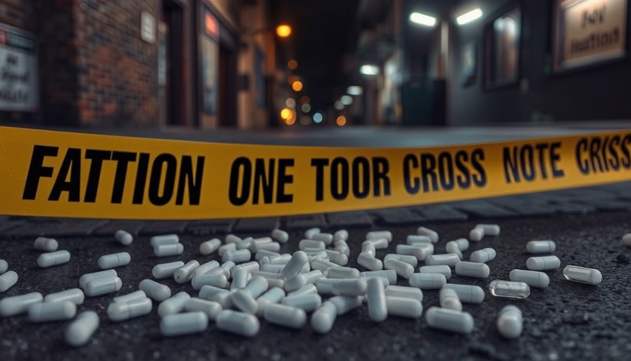 Symbolic image of fentanyl-induced homicides with pills and caution tape.