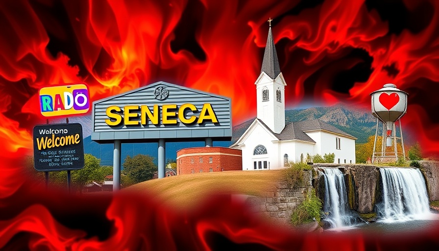 Collage: Seneca landmarks and attractions with fiery background.