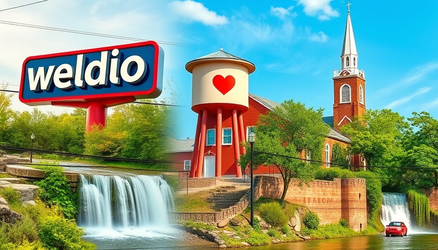 Collage of landmarks including radio station logo, welcome sign, church, and waterfall.