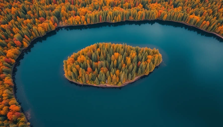 Lush forest peninsula in a serene lake with autumn colors.