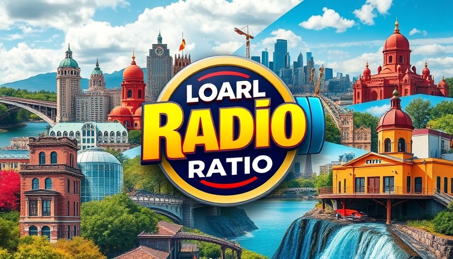 Energetic collage with landmarks and WGOG FM radio logo, vibrant scene.