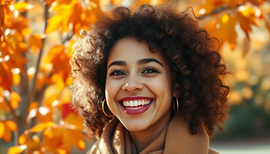 Smiling woman in blue dress among autumn leaves, warmer humid Sunday Charlotte.