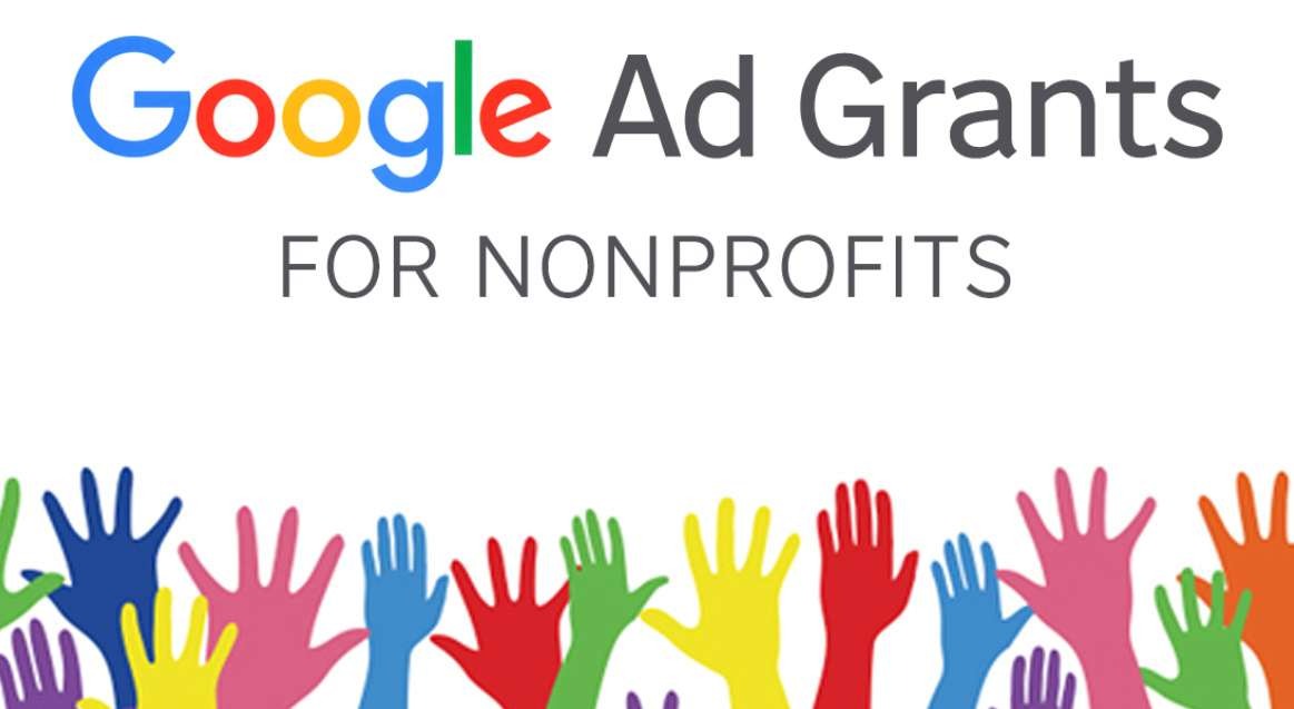 Google Ad Grants logo on a digital marketing background.