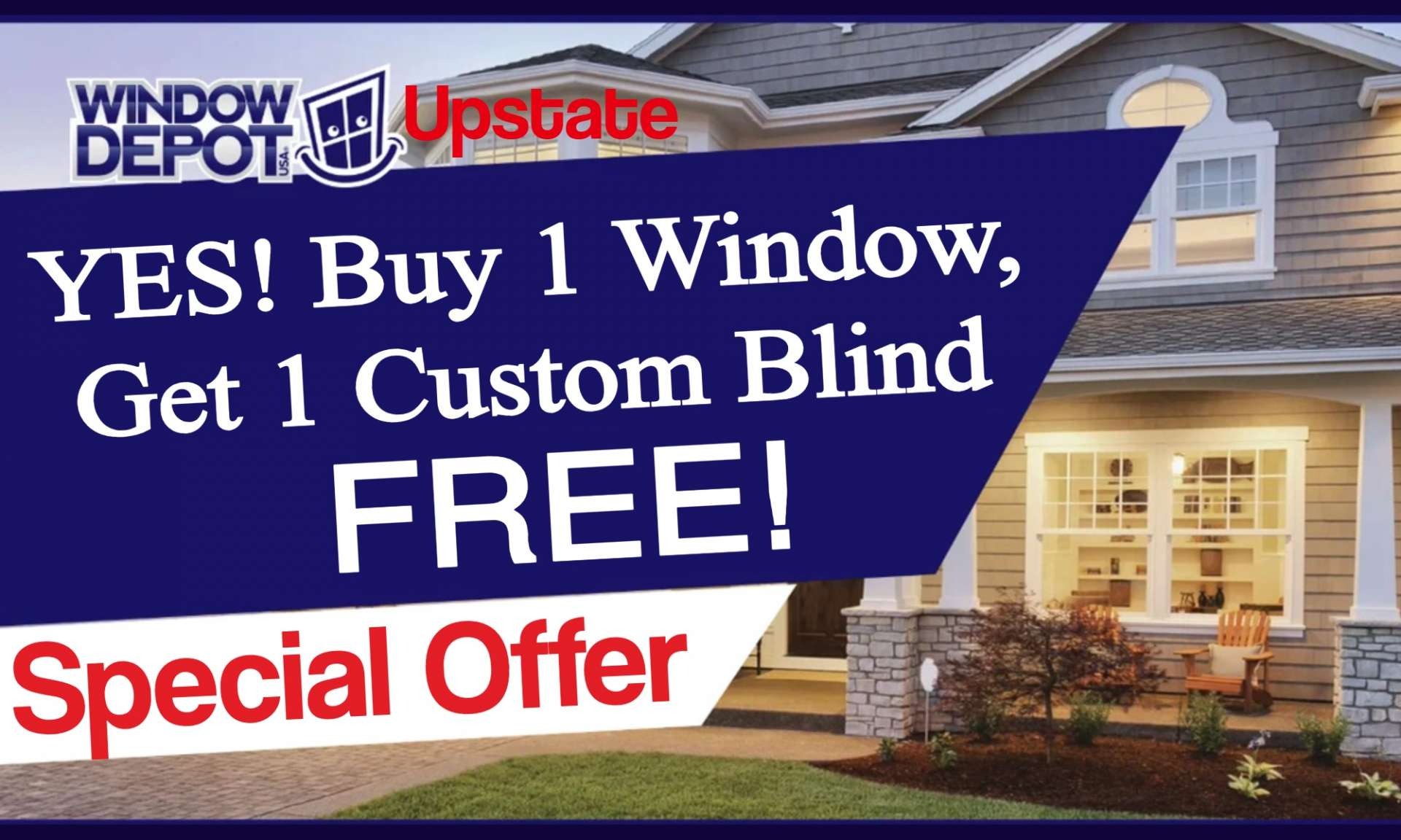 Exterior sunny view of home with lawn and window blinds installed.