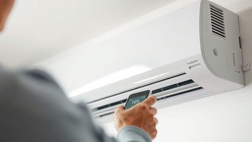 Close-up of a mini-split air conditioner, remote adjusting for optimal energy efficiency.