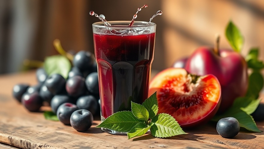 Vibrant prune juice glass promoting natural remedies for constipation.