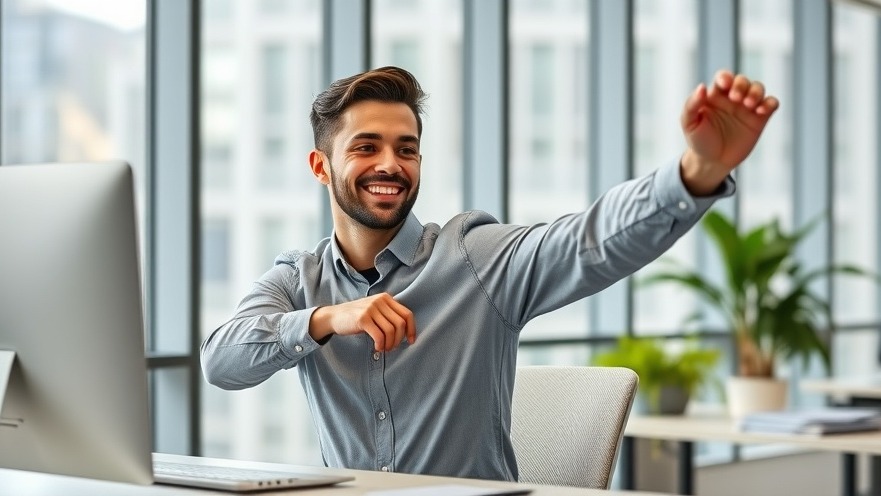 Young man stretching in a modern office, promoting health and active living.