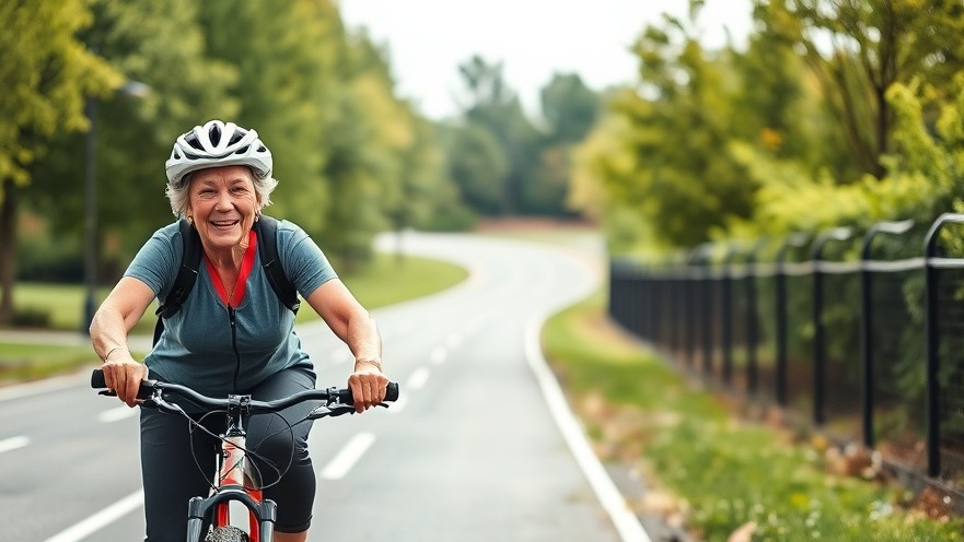 Energetic older woman cycling for fitness in a vibrant park, promoting healthy aging.
