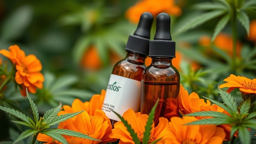 Natural wellness products in amber bottles with vibrant flowers and hemp leaves