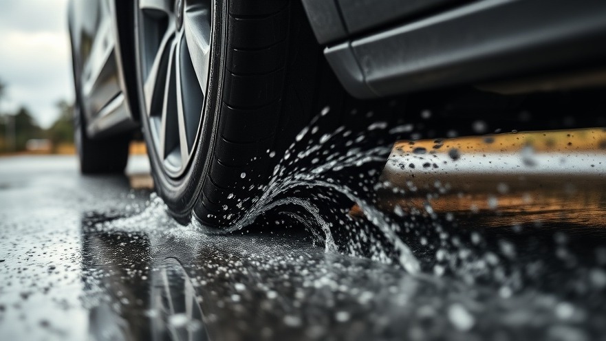 Car tire maintaining traction on wet road, showcasing tire maintenance for safe driving.