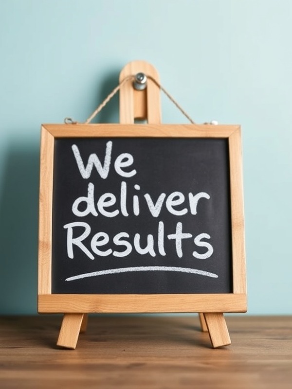 Photo of a smaller chalkboard with the words "We deliver Results" written on it.