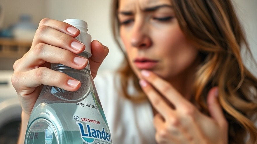 Woman showing concern in laundry room, highlighting women's health and sustainable living.