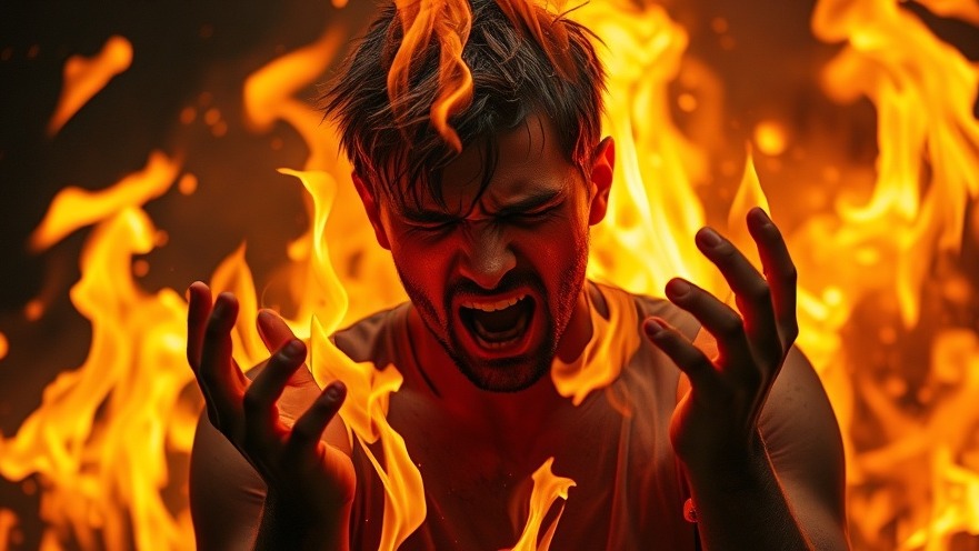 A person in pain with head in hands, fiery background illustrating chronic pain and wellness strategies.
