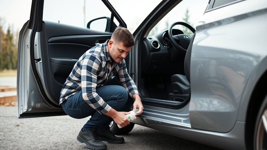 Man performing car maintenance by lubricating driver's seat rails for vehicle safety.