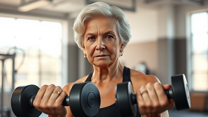 Focused older woman exercising for women's health with dumbbells in a serene gym.