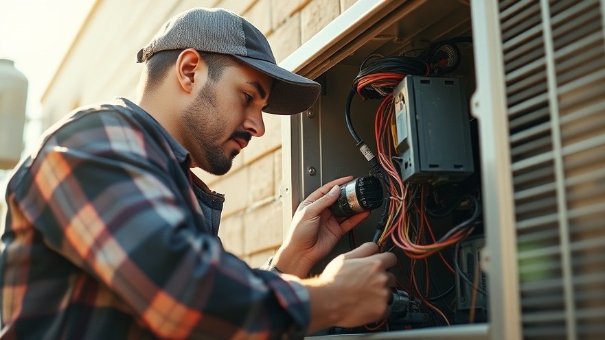 AC technician testing an AC capacitor in a bright outdoor unit.