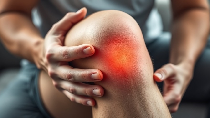 Close-up of an inflamed knee highlighting redness and tenderness, emphasizing healthy foods for wellness.