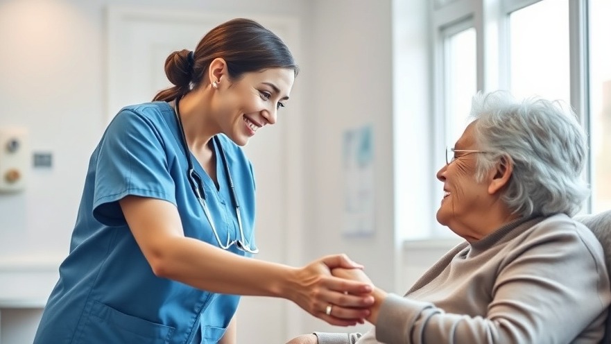 Caring nurse supports elderly woman in bright medical room, promoting women's health and emotional healing.