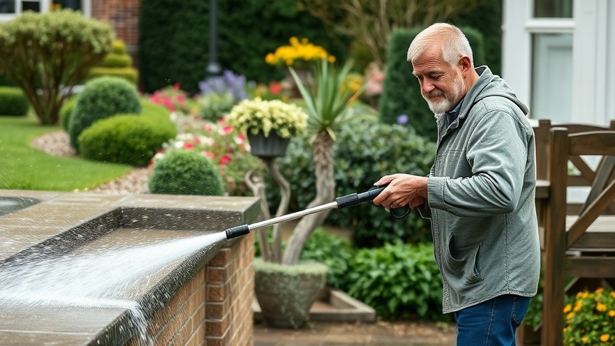 Middle-aged man pressure washing concrete steps for decking cleaning in a well-maintained garden.