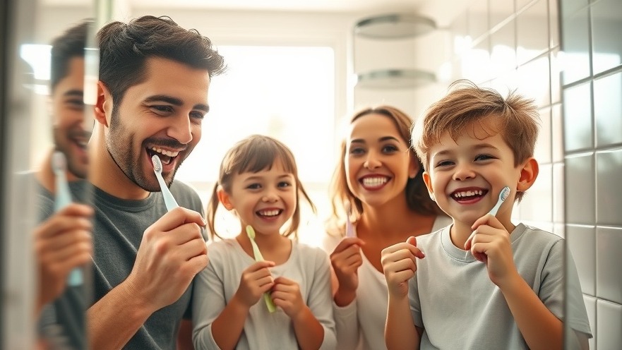Happy family practicing oral hygiene in a bright bathroom, promoting children's health.