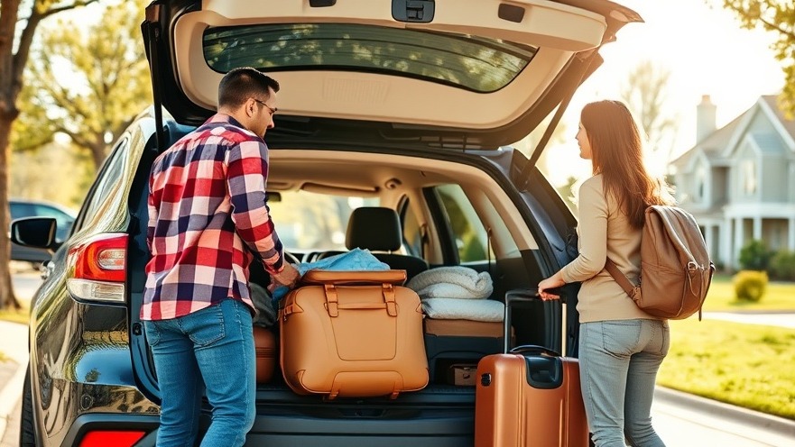 Family travel comfort: efficiently packing luggage for a road trip in a sunny suburban setting.