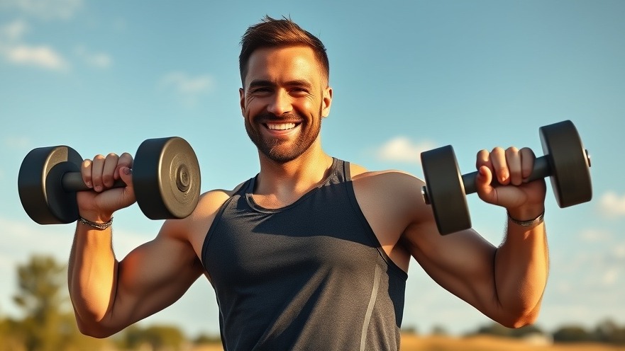 Smiling man lifting dumbbells outdoors, promoting fitness community and mental health.