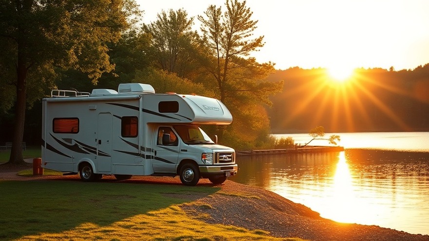 Rented RV at sunset by a serene lake, perfect for RV travel and road trips.