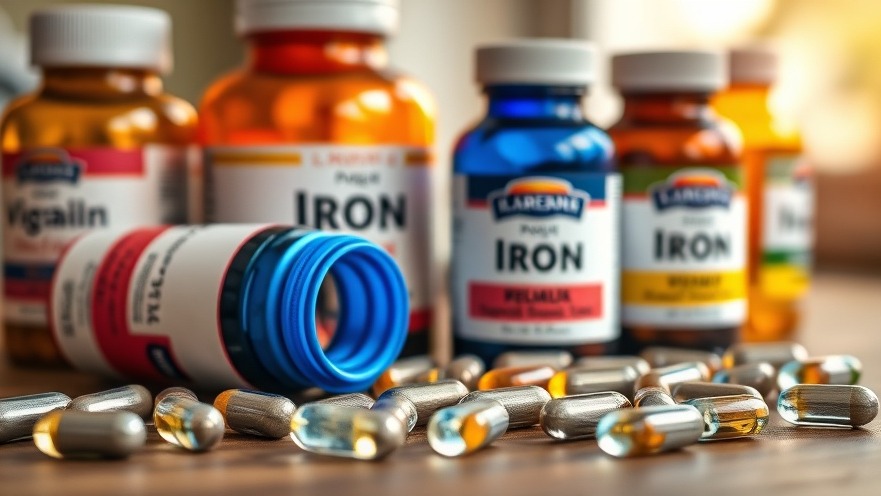 Close-up of iron capsules and vitamin bottles highlighting iron overload and vitamin D benefits.