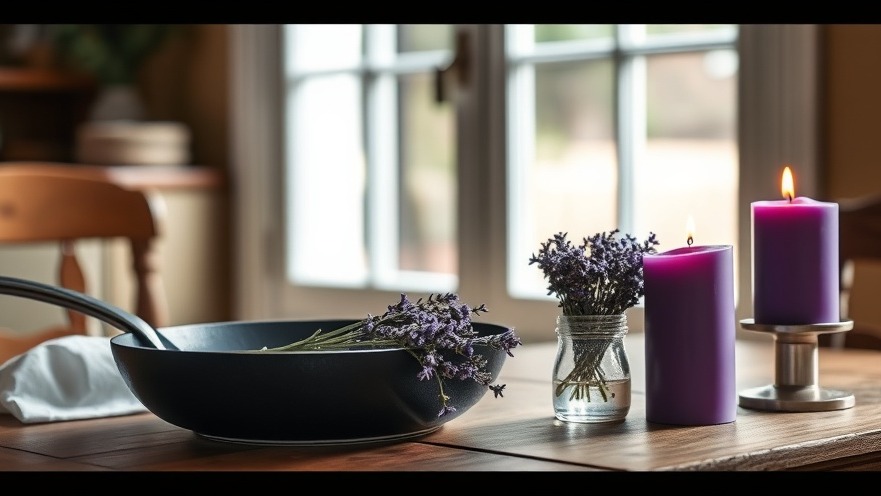 Photorealistic indoor scene with frying pan, lavender, and candle highlighting toxic household items.
