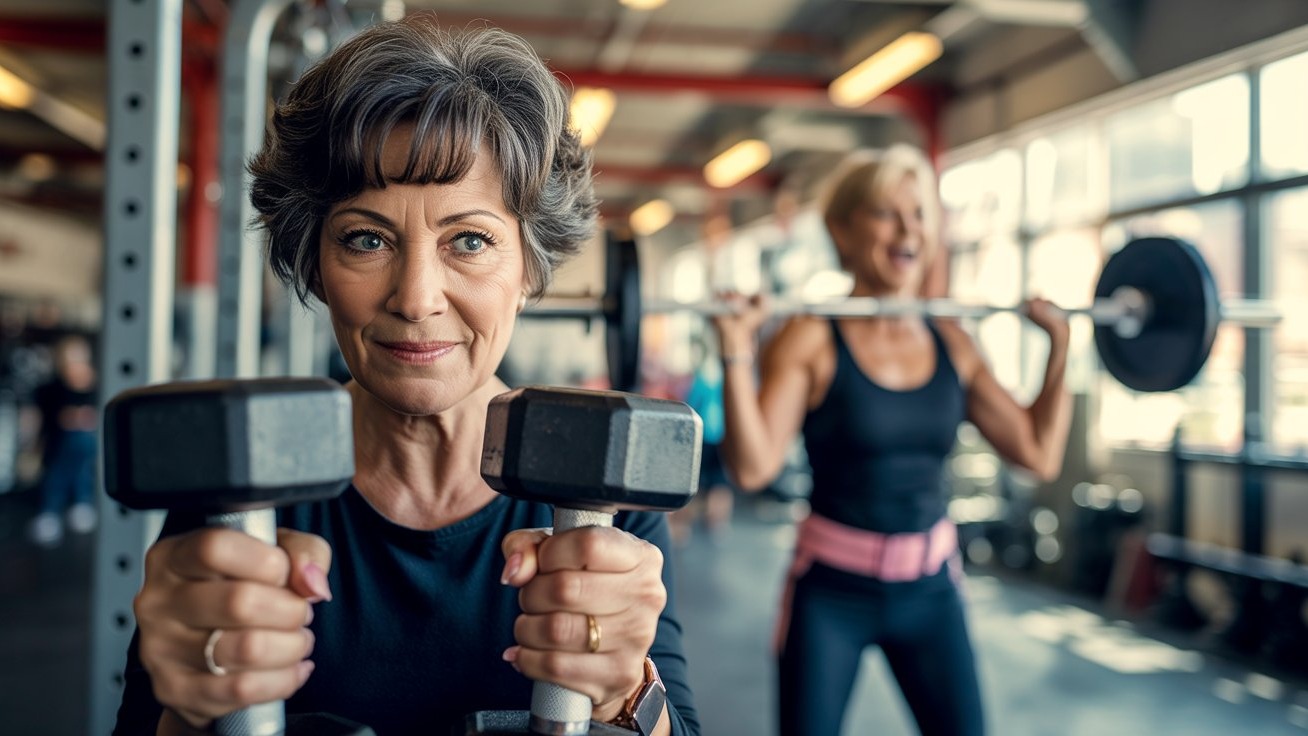 Energetic older women showcasing strength training benefits in a vibrant gym.