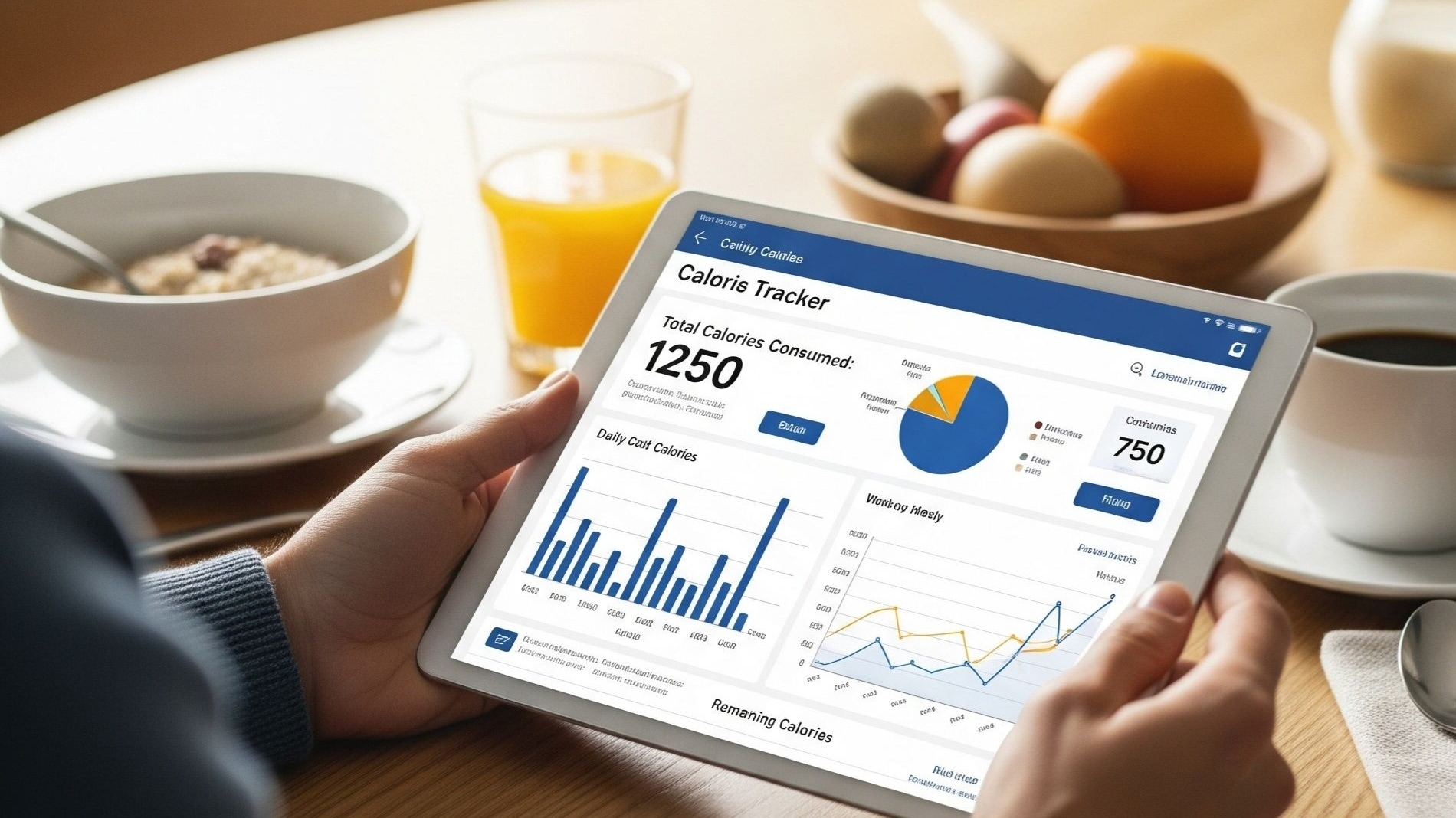 Person using a tablet to track energy needs with breakfast of eggs, bacon, and juice.