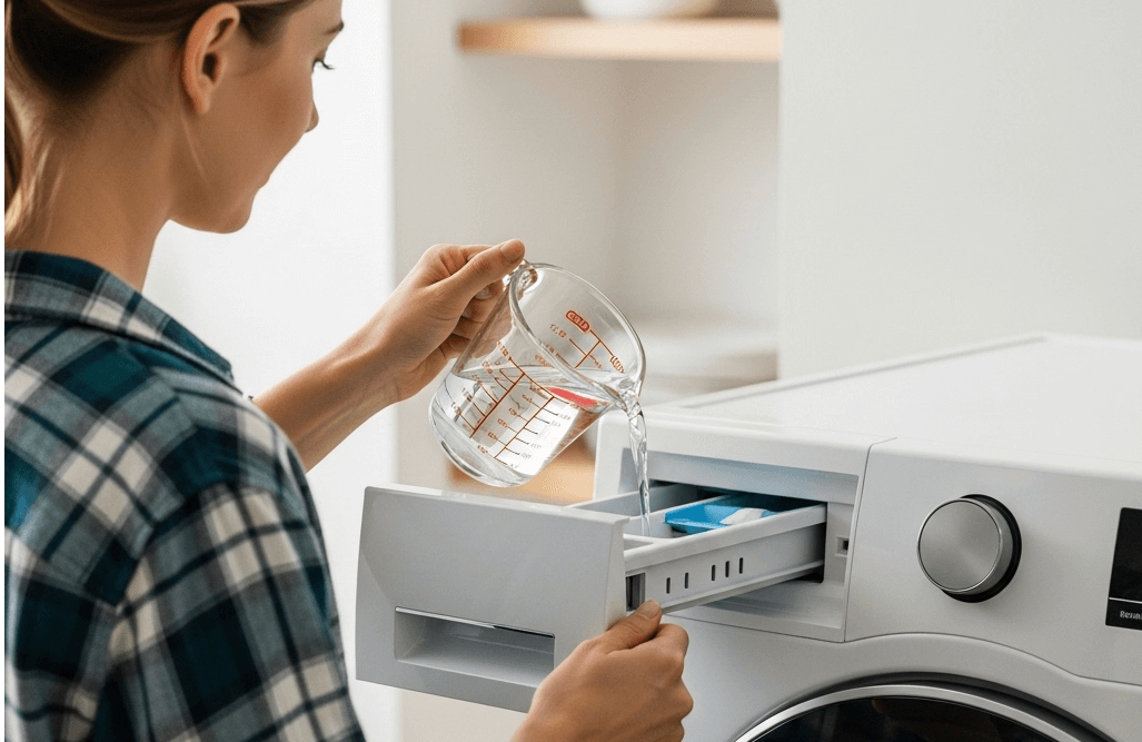 Eco-friendly cleaning laundry tips: pouring vinegar into washing machine dispenser.