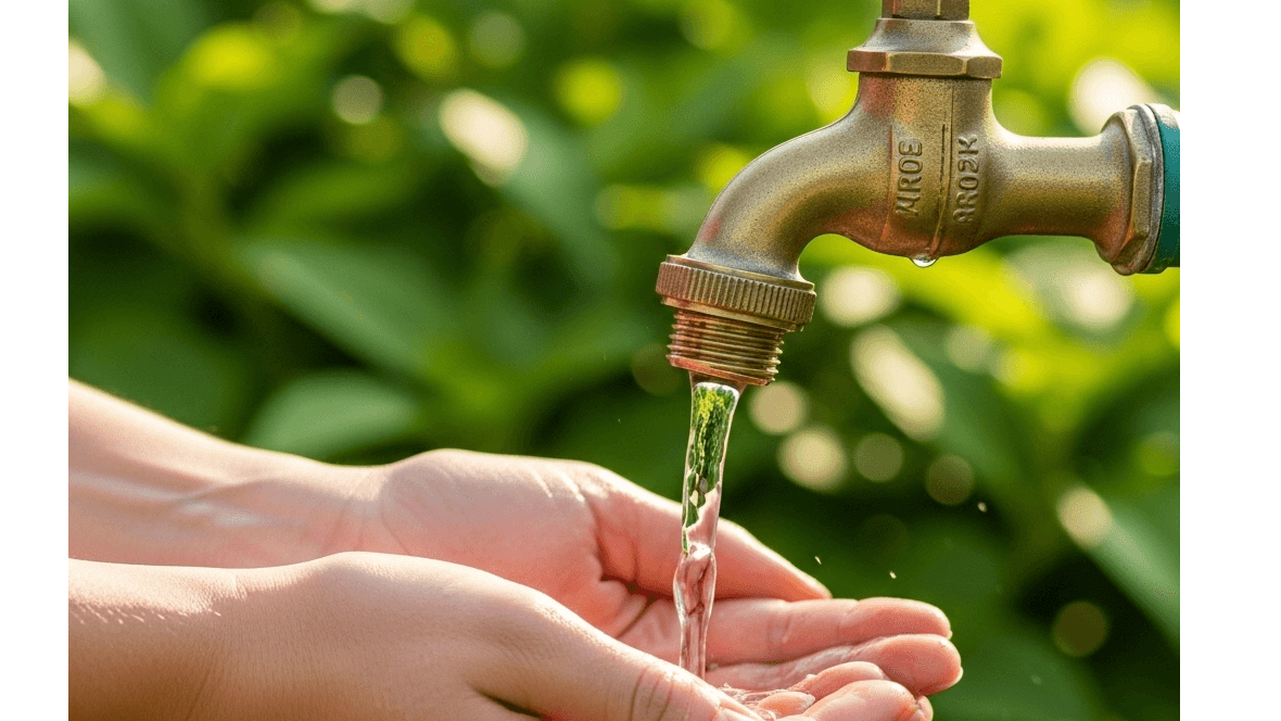 Close-up of antiqued brass outdoor faucet installation, highlighting water conservation in a lush garden.